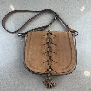 Vince Camuto Ancel Flap Crossbody Suede Leather Purse Bag Mocha Brown